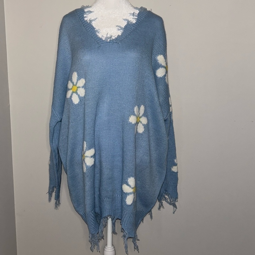 Just Polly Sky Blue Daisy Sweater Size Medium - Picture 2 of 9